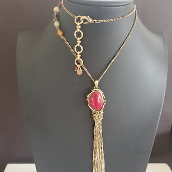 Lucky Brand Boho Necklace with Carnelian Center Stone Gold Tone Chain with Beads - Picture 1 of 8